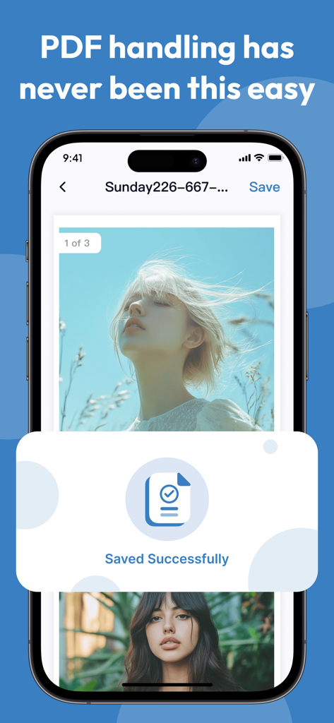 Interface do aplicativo Flexi PDF mostrando uma notificação de salvo com sucesso em um iPhone.