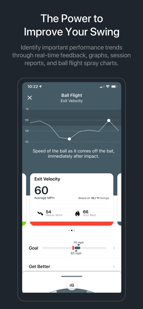 Blast Softball - A graph in the Blast Softball app showing ball flight exit velocity metrics and performance trends.