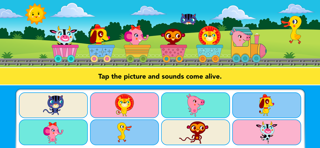 Interactive animal sounds game for kids featuring a colorful animal train and character buttons.