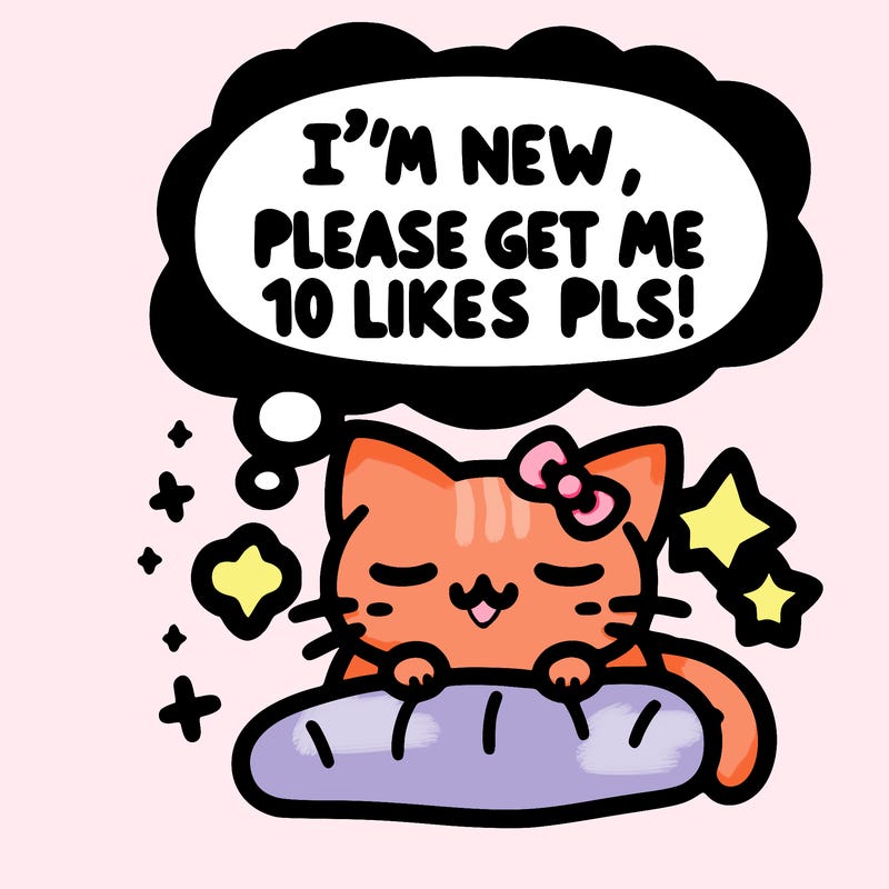 kitty taking a nap dream talking and saying "i'm new, please get me at least 10 likes pls!!"