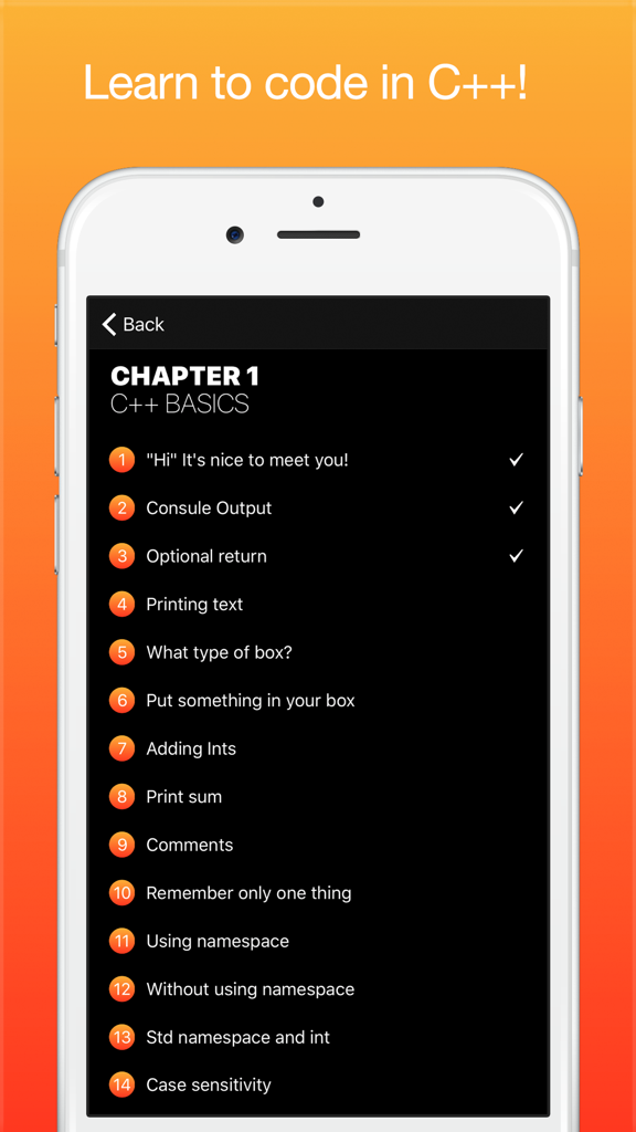 Learn C++ Programming - A smartphone screen showing a list of C plus plus programming lessons in Chapter 1