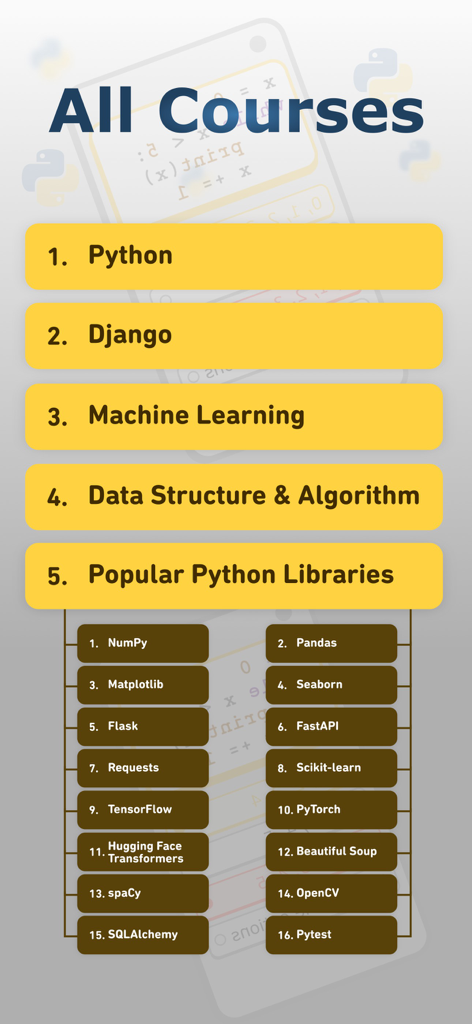 Python Quizz - Screen showing the list of courses including Python, Django, Machine Learning and popular libraries