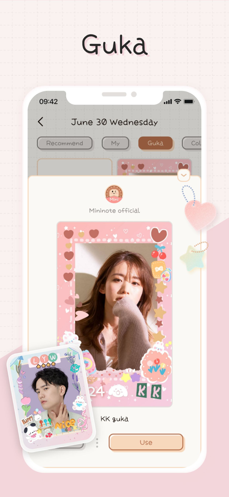 Mininote 앱 인터페이스가 귀여운 미적 스티커로 사진을 꾸미는 Guka 기능을 보여주는 모습.