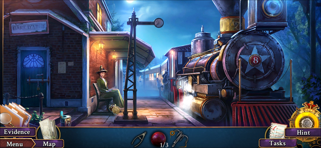 Unsolved: Hidden Mystery Games - Una escena de detective en una estación de tren nocturna con una locomotora de vapor antigua y una mujer en un banco.