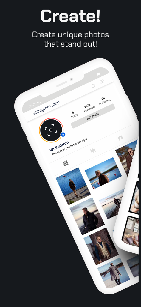 WhiteGram: White Border Editor - A smartphone screen displaying a curated Instagram profile grid with white borders on photos