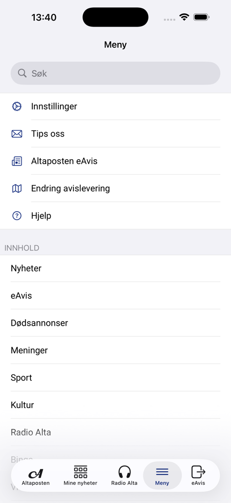 Altaposten - Schermata del menu dell'app mobile Altaposten che mostra categorie di notizie e impostazioni in norvegese
