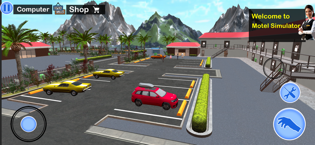 Motel Manager Supermarket Game - Exterior view of the motel parking lot with cars and mountain background in the motel manager simulator game