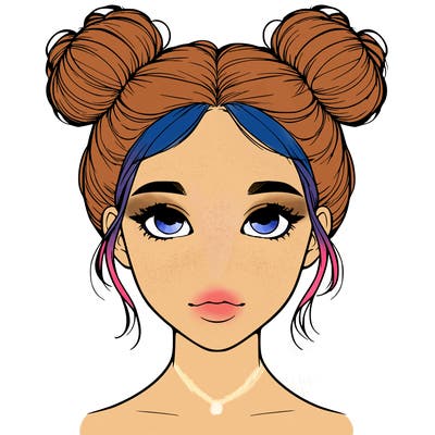 realistic girl with two buns on top of her head