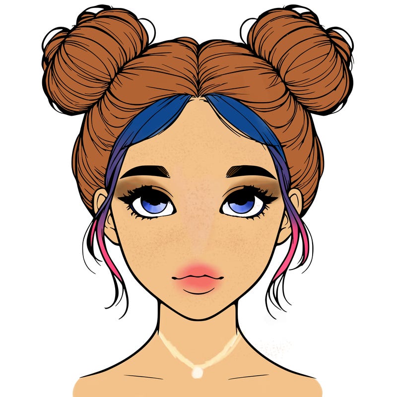 realistic girl with two buns on top of her head