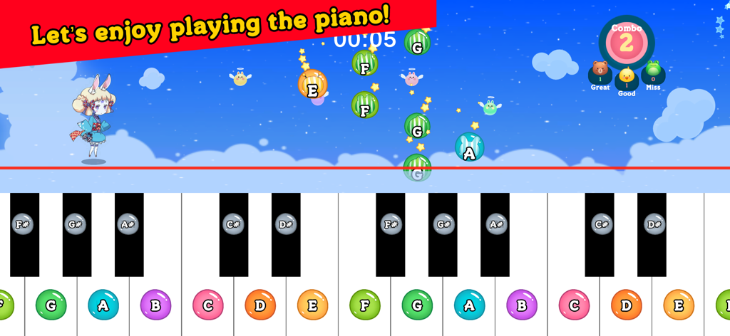 A colorful piano keyboard with letter labels and falling musical notes in a kids game