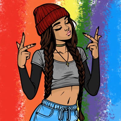 realistic teenage girl with braids and a beanie and crop top doing 🫶🏼