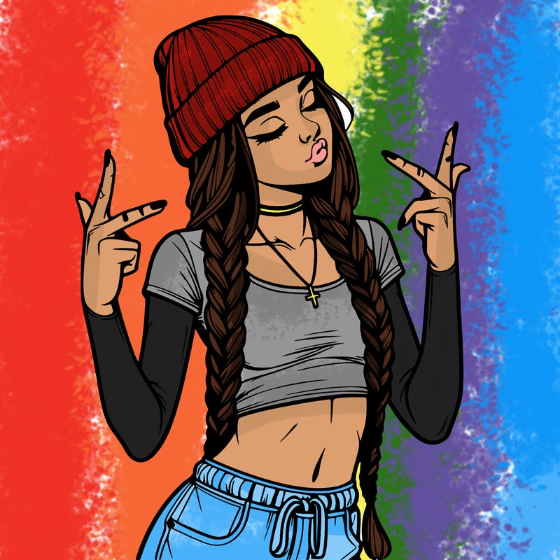 realistic teenage girl with braids and a beanie and crop top doing 🫶🏼