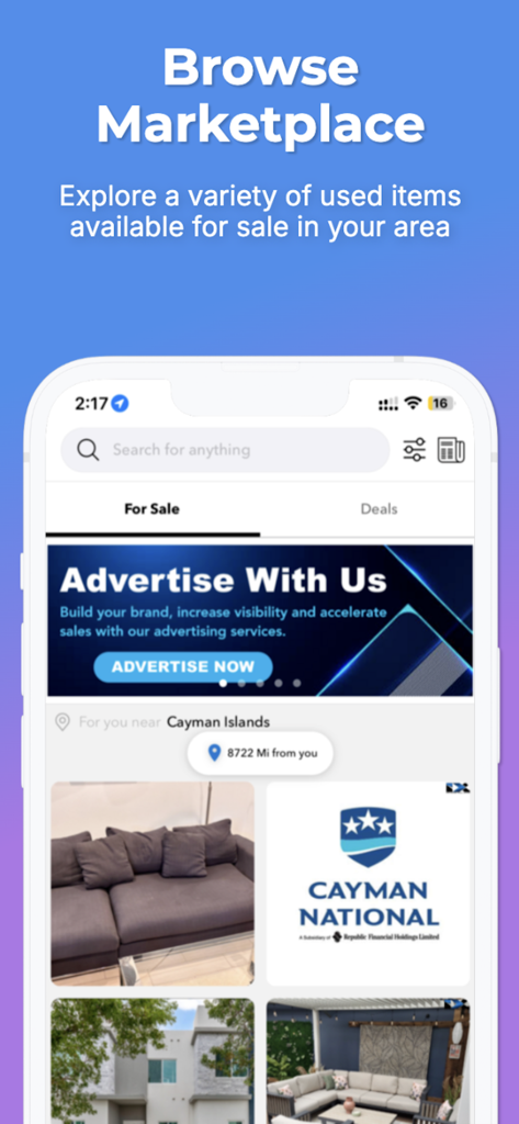 Screenshot of the Island Xchange app showing the browse marketplace screen with used item listings in the Cayman Islands