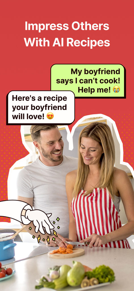 A couple cooking together in a kitchen with AI recipe suggestions in speech bubbles