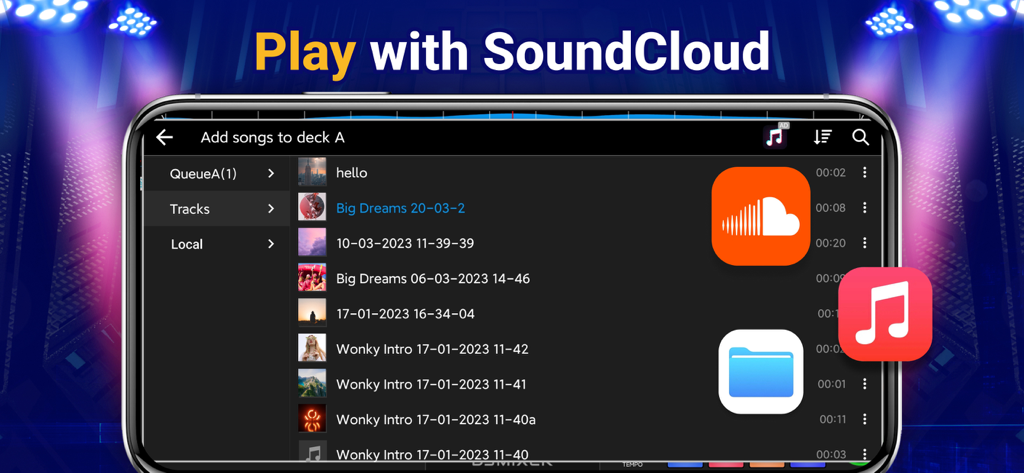 Interfaz de la aplicación DJ Mixer Studio para seleccionar canciones de SoundCloud y almacenamiento local