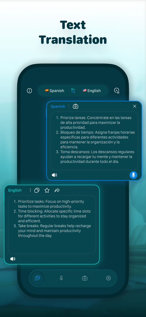 Hey Translator app interface displaying a text translation from Spanish to English