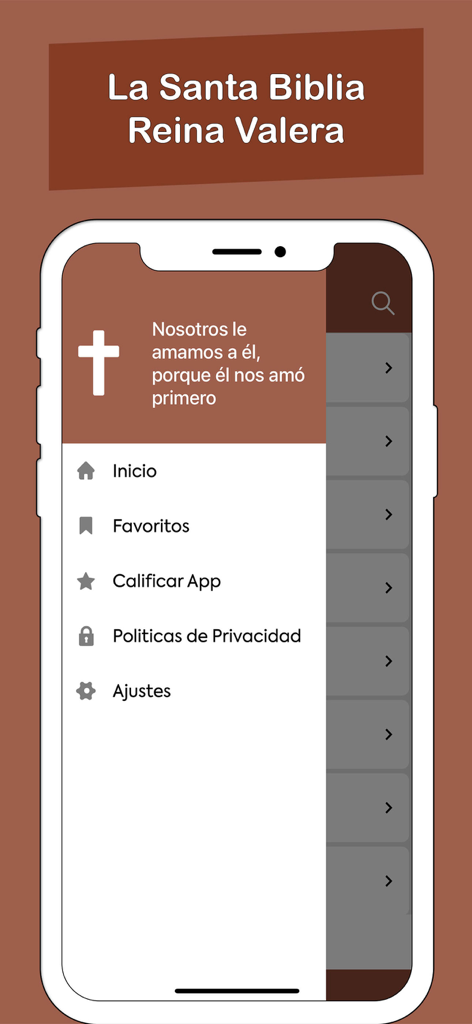Santa BIblia Reina Valera 1960 - Menú de navegación lateral de la aplicación móvil Santa Biblia Reina Valera 1960 mostrando opciones como Inicio y Favoritos