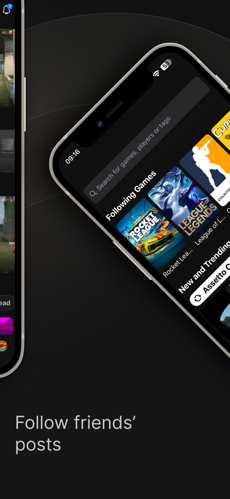 Medal - Game Clipping - Pantalla de smartphone mostrando la interfaz de la aplicación Medal con una sección de Juegos Seguidos y una indicación para seguir las publicaciones de amigos.