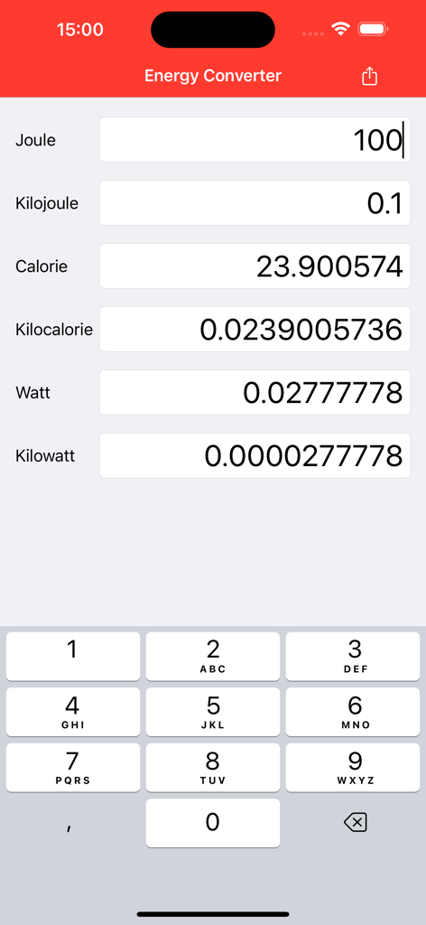 Interface do aplicativo Energy Converter mostrando conversões de Joule para Caloria e Watt.