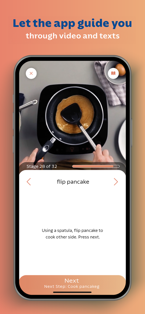 Tramontina Guru - Tramontina Guru app interface showing video and text guidance for flipping a pancake