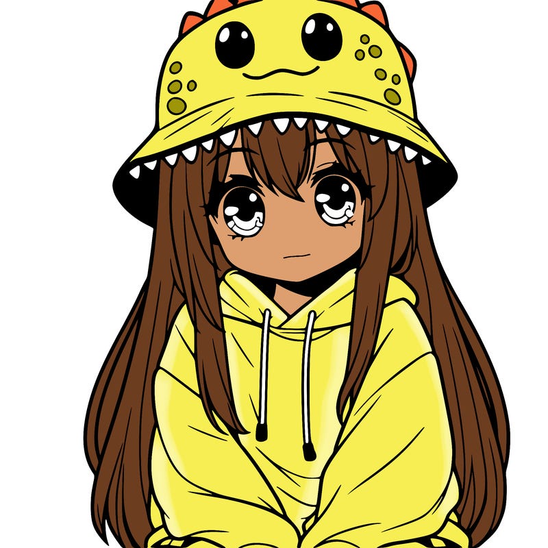 girl with anime shaped eyes with a dinosaur bucket hat oversized sweatshirt long straight hair