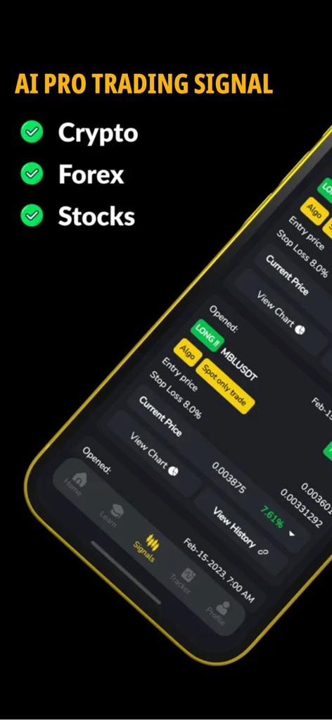 AI Pro Trading Signal - Mobile app interface of AI Pro Trading Signal showing options for crypto forex and stocks with detailed trade signals