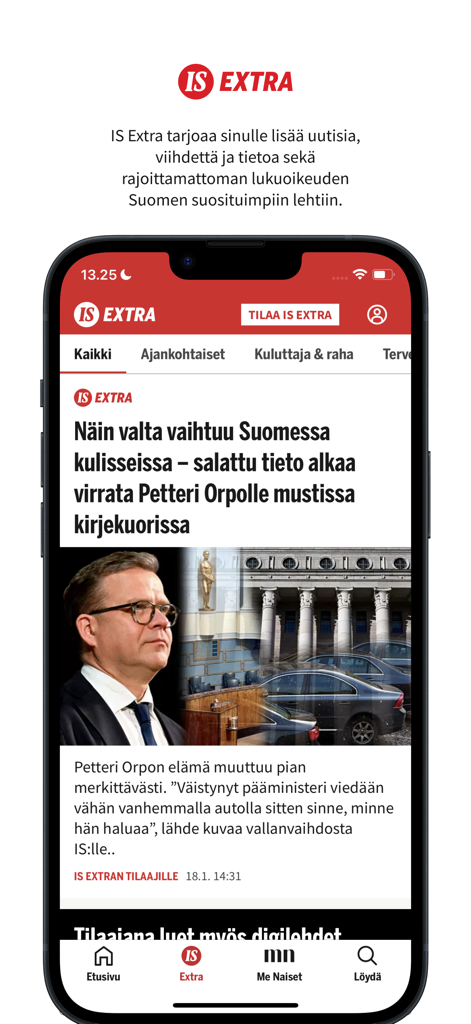 Pantalla de smartphone mostrando la sección premium IS Extra de la aplicación de noticias Ilta-Sanomat en finlandés