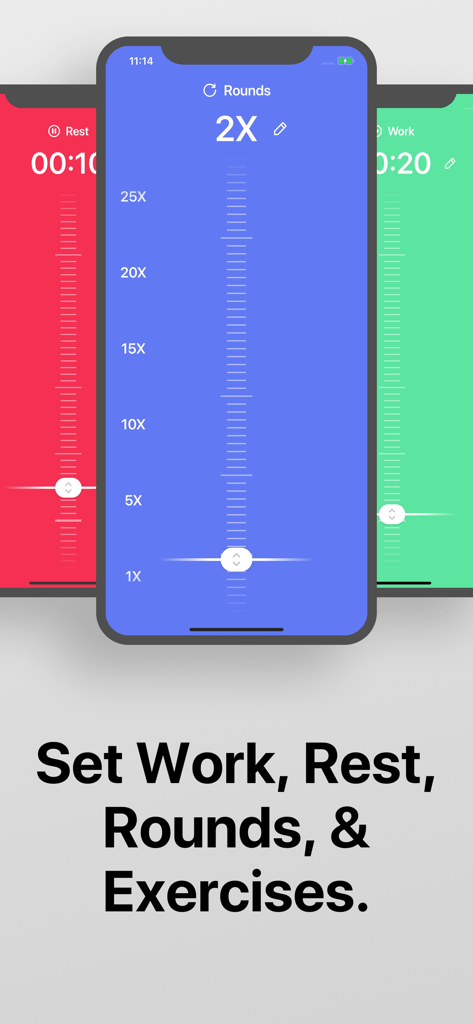 Three iPhone screens showing the color-coded setup for work, rest, and rounds in the Interval Timer app.