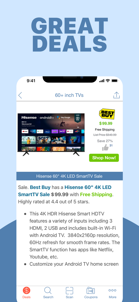 BuyVia Price Comparison - A Hisense 60 inch Smart TV deal for 99.99 dollars from Best Buy on the BuyVia app