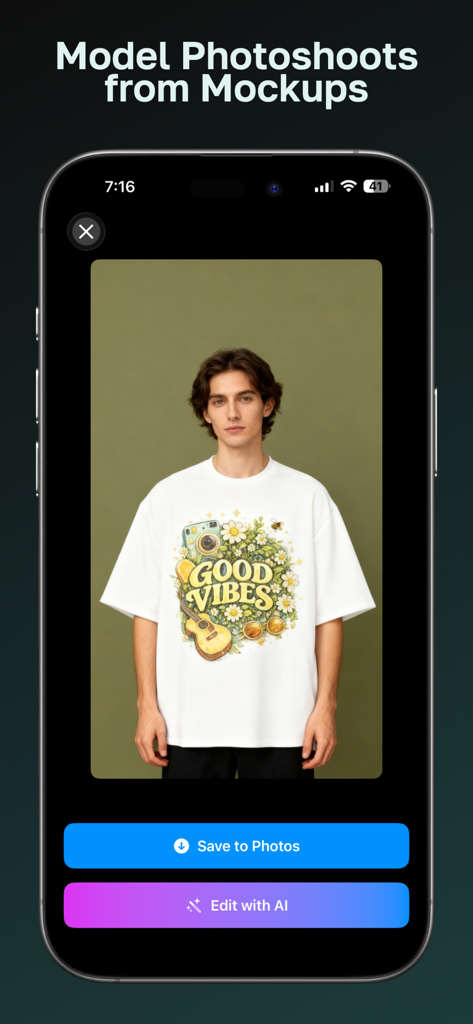 カスタムホワイトグラフィックTシャツのフォトリアルなAI生成モデル写真撮影。