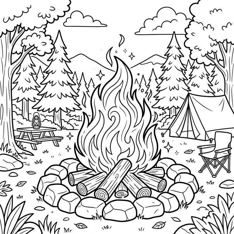 Gather 'round this charming campfire scene, designed specifically for seniors to enjoy a relaxing summer coloring experience. With bold lines and delightful details, it's the perfect way to unwind and bring vibrant colors to a peaceful outdoor moment.