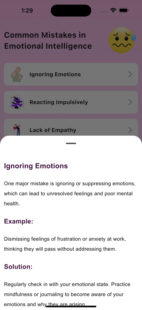 Interfaccia dell'app che mostra errori comuni di intelligenza emotiva e soluzioni pratiche