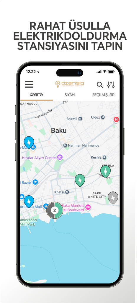 Azərişıq VEP – EV Charging - Mobile app interface displaying a map of Baku with EV charging station locations marked by blue and green icons.