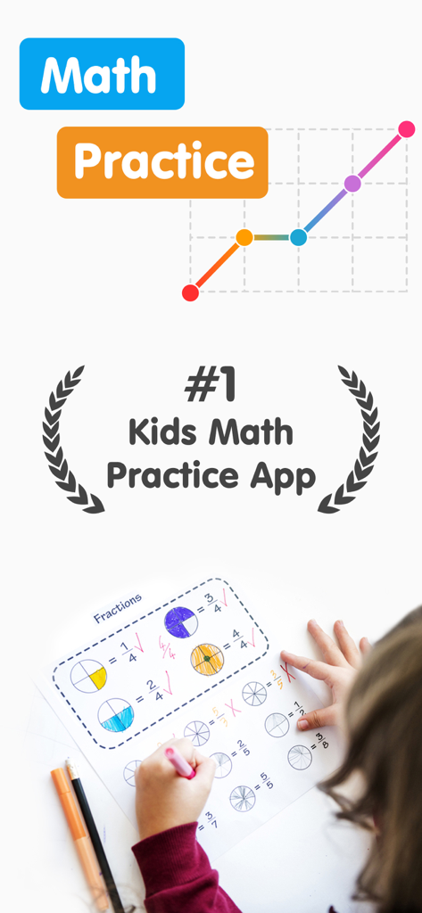 Child practicing math fractions with a banner claiming to be the number one kids math practice app