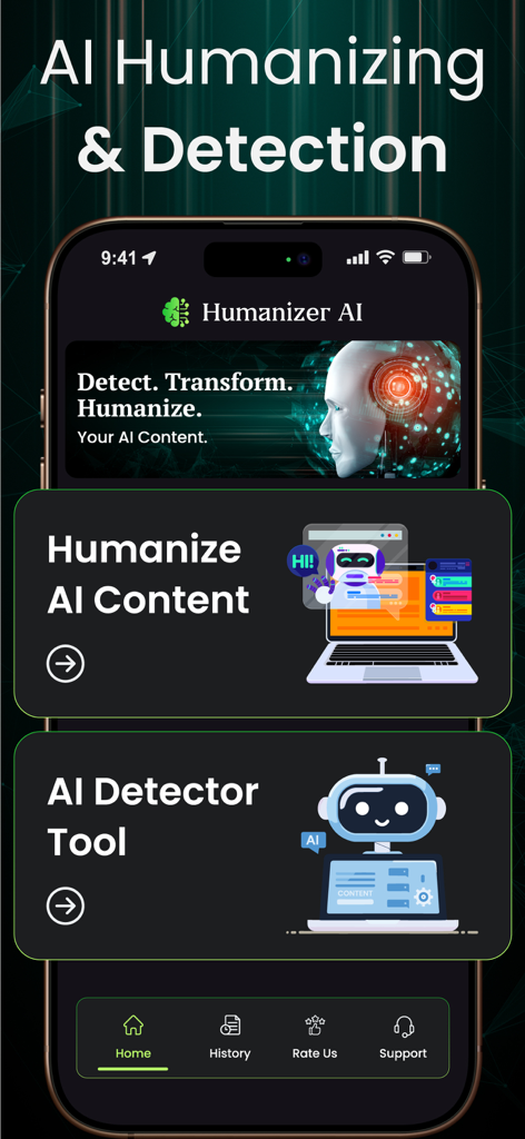 Interface do aplicativo Humanize AI Text com botões para o humanizador de conteúdo de IA e a ferramenta de detecção.