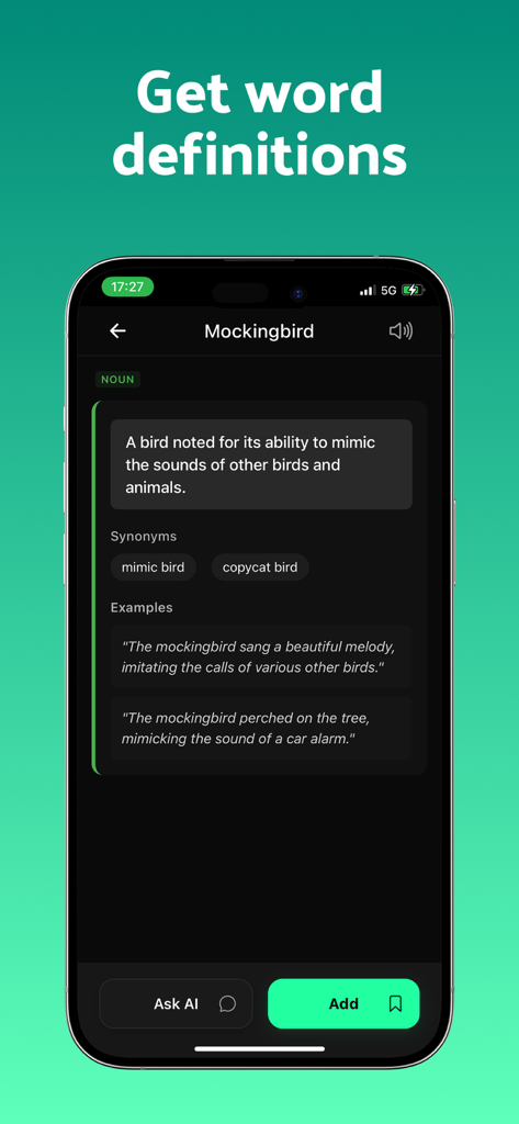 A smartphone displaying a word definition for mockingbird with synonyms and usage examples in the Book Quote Scanner app.