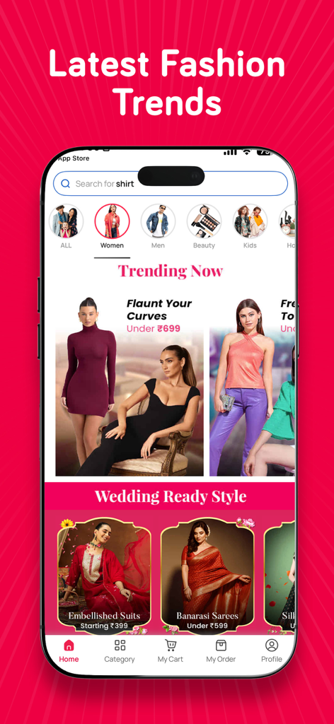 Pantalla de la aplicación móvil Snapdeal que muestra las últimas tendencias de moda económica y ropa de boda étnica india