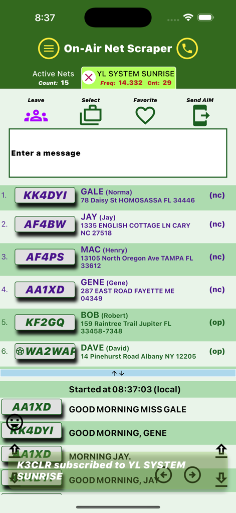 On-Air Net Scraper - The On-Air Net Scraper app interface displaying active ham radio nets, callsigns, and a live chat log.