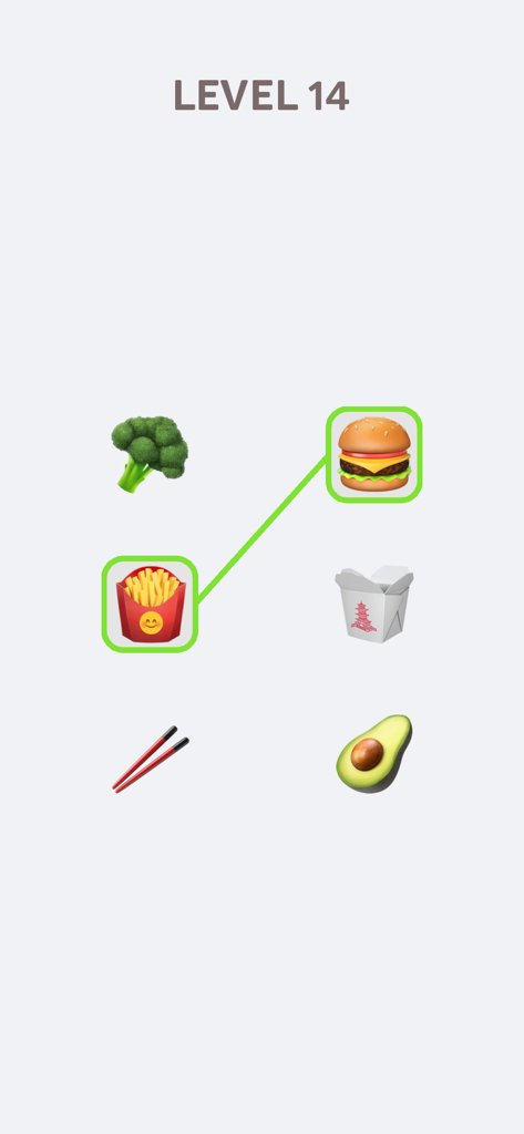 Emoji Puzzle! - 감자튀김과 햄버거 이모티콘 간의 매치를 보여주는 Emoji 퍼즐 레벨 14의 스크린샷.