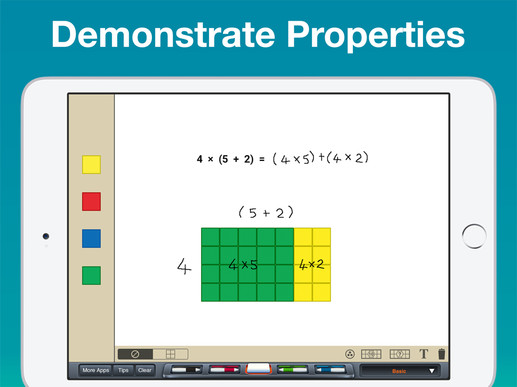 Color Tiles Manipulative - A digital math tool showing colored tiles used to demonstrate the distributive property on an iPad