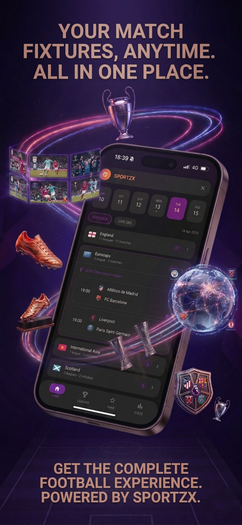 SportzX : Live Score - SportzXアプリ。サッカーの試合日程とライブスコアが表示されています。