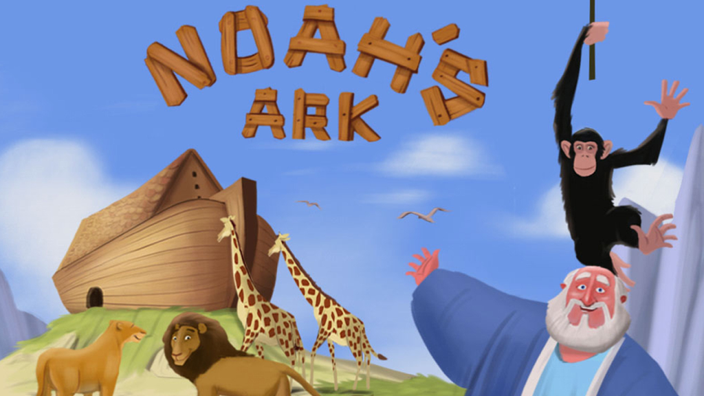 Noah’s Ark Storybook - Ilustración de dibujos animados de Noé con animales incluyendo leones, jirafas y un chimpancé frente al arca.