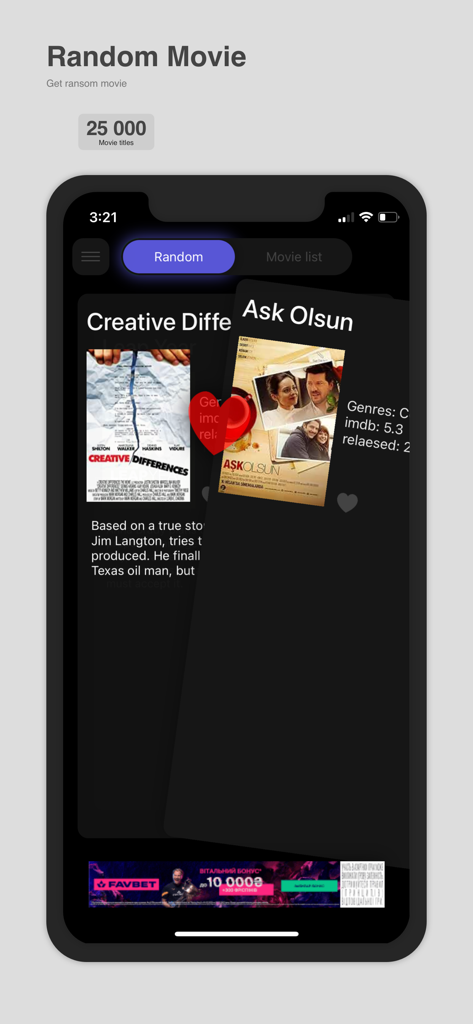 Captura de pantalla de la aplicación Generador de Películas Aleatorias mostrando tarjetas de películas con calificaciones de IMDb y filtros de género en una pantalla de iPhone