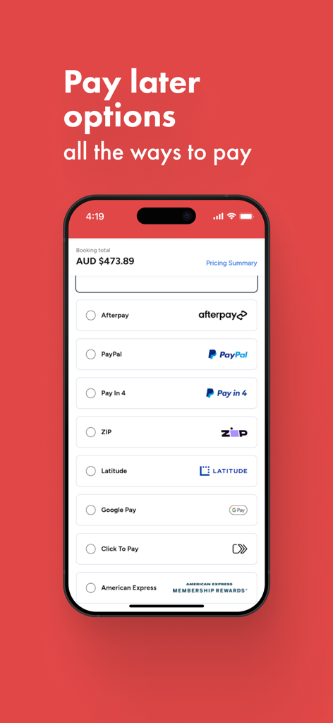 Webjet - Capture d'écran de l'application mobile Webjet affichant des options de paiement flexibles, notamment Afterpay, PayPal et Google Pay.