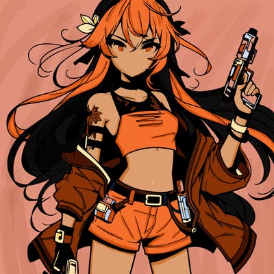 bad girl wearing crop top holding a gun long hair anime