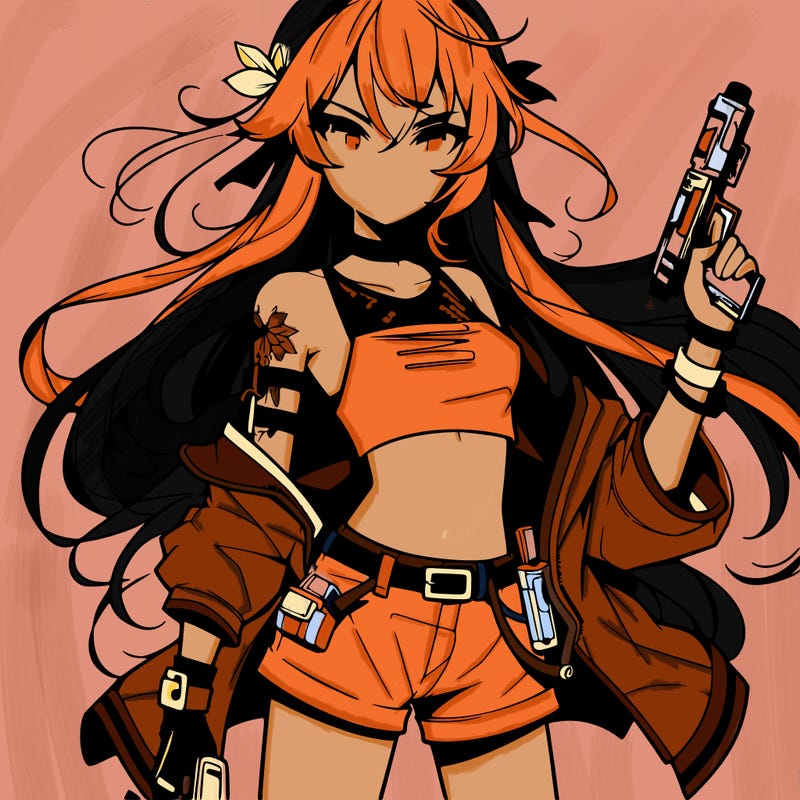 bad girl wearing crop top holding a gun long hair anime