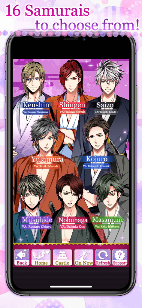 Charakterauswahl-Bildschirm mit acht attraktiven Anime-Samurai mit ihren Namen und den Namen der japanischen Synchronsprecher