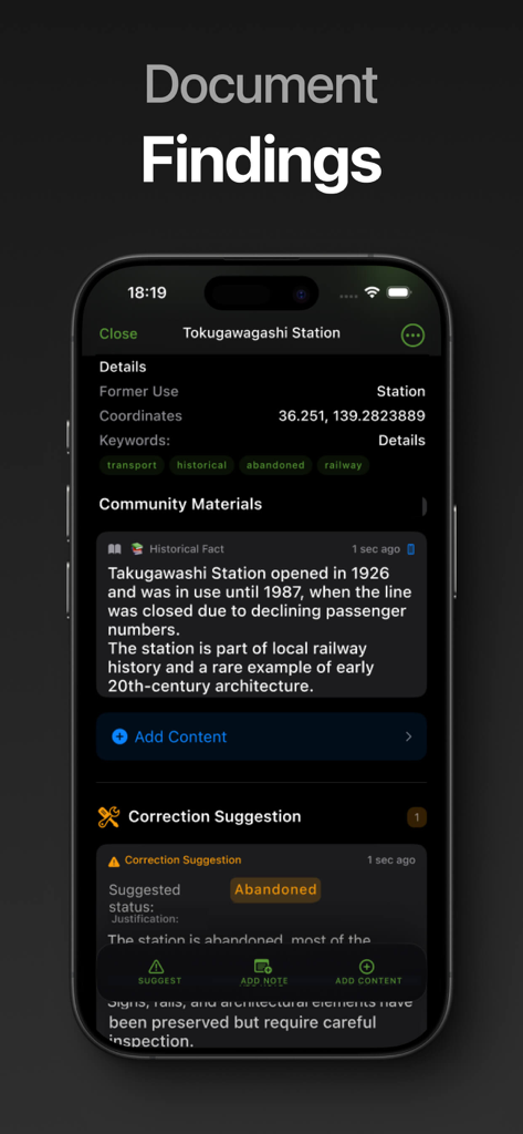 Interface do aplicativo móvel mostrando fatos históricos detalhados e informações da comunidade para uma estação abandonada.