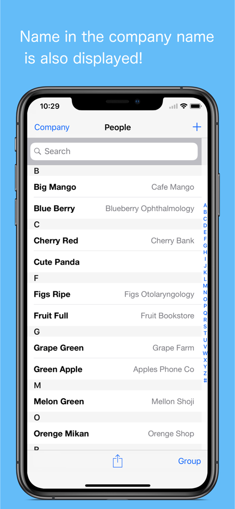 Ein Kontaktlistenbildschirm in der TEL++ PRO App, der Namen und zugehörige Firmennamen nebeneinander auf einem iPhone anzeigt.