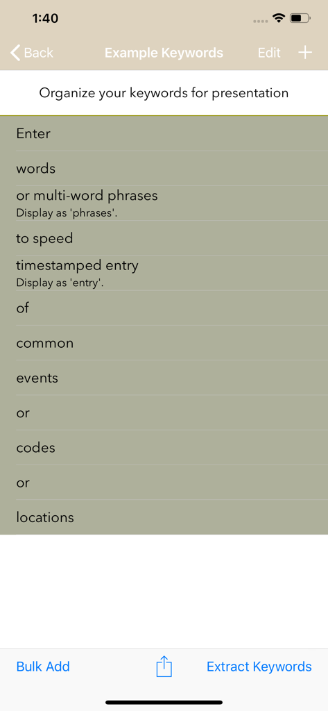 Keyword organization screen in Timestamped Field Notes app for quick data entry.